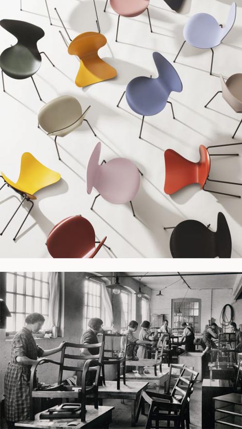 Fritz Hansen Chairs and old photo of chair assembly line